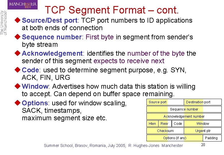 TCP Segment Format – cont. u Source/Dest port: TCP port numbers to ID applications