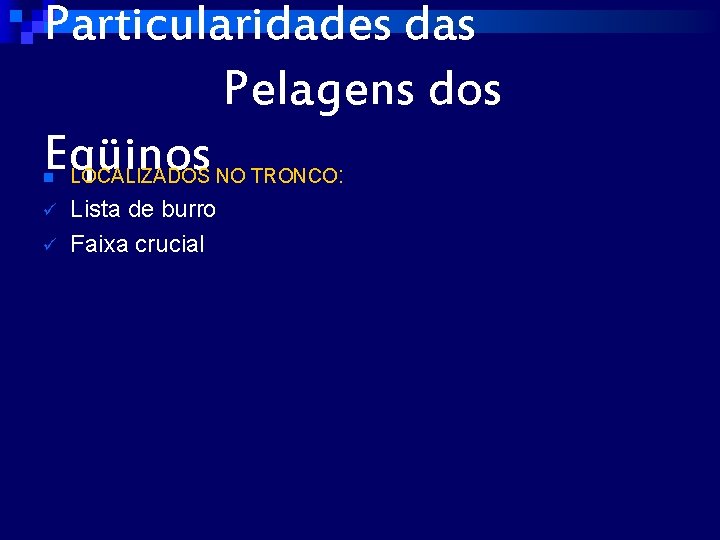 Particularidades das Pelagens dos Eqüinos : n LOCALIZADOS NO TRONCO ü Lista de burro