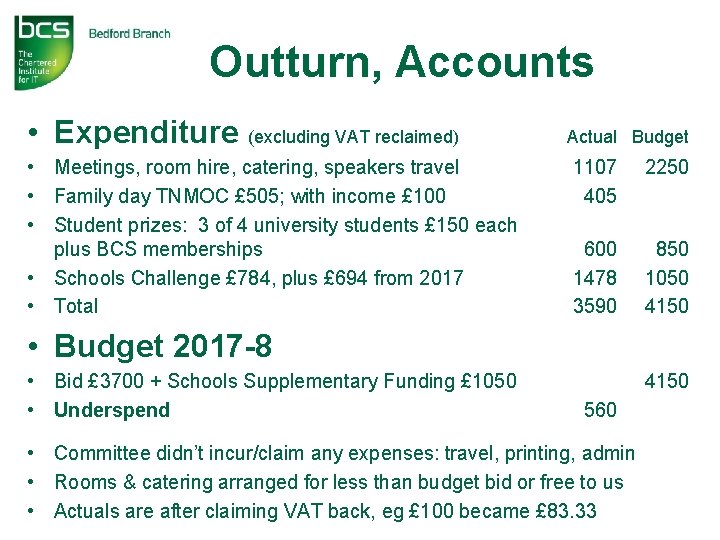 Outturn, Accounts • Expenditure (excluding VAT reclaimed) • Meetings, room hire, catering, speakers travel