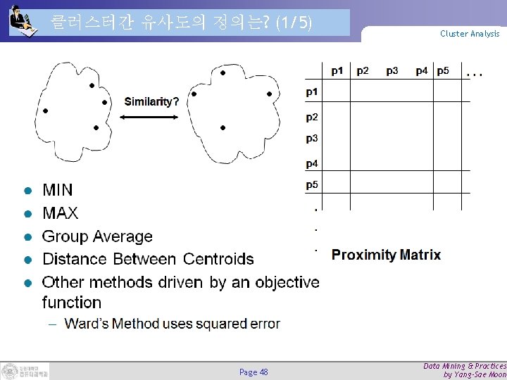 클러스터간 유사도의 정의는? (1/5) Page 48 Cluster Analysis Data Mining & Practices by Yang-Sae