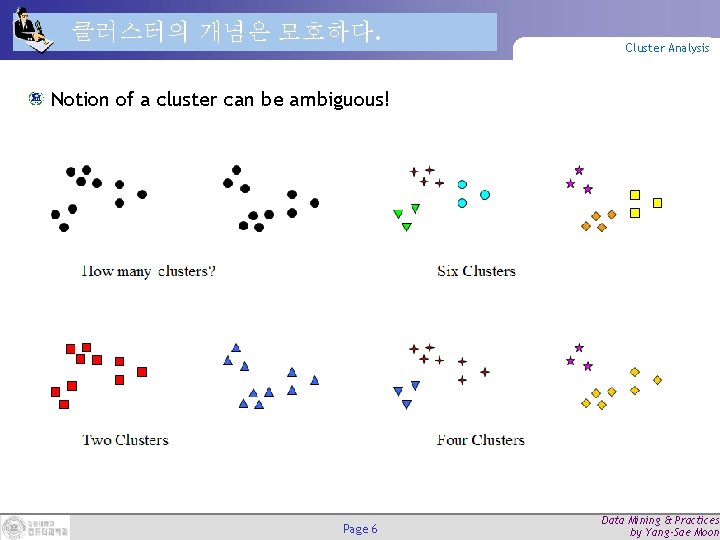 클러스터의 개념은 모호하다. Cluster Analysis Notion of a cluster can be ambiguous! Page 6