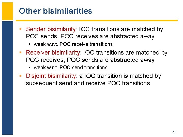 Other bisimilarities § Sender bisimilarity: IOC transitions are matched by POC sends, POC receives