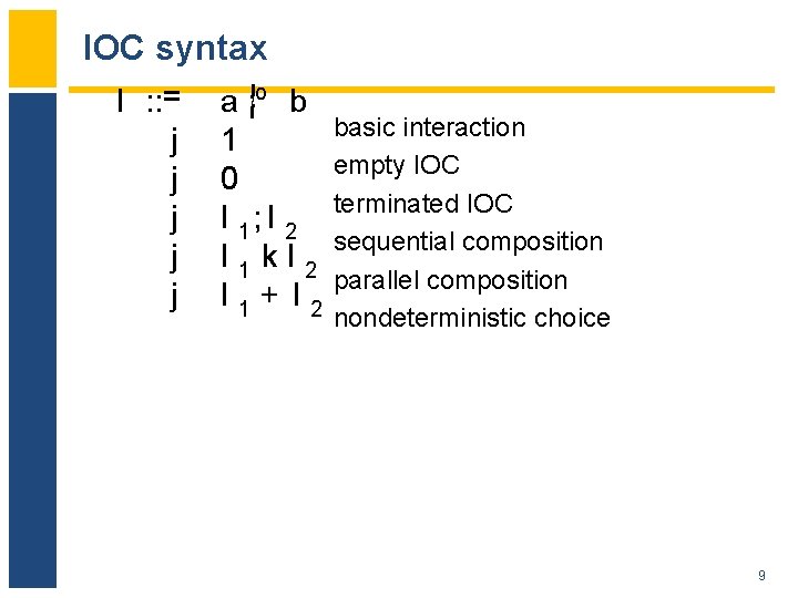 IOC syntax I : : = j j j a ¡!o b 1 0