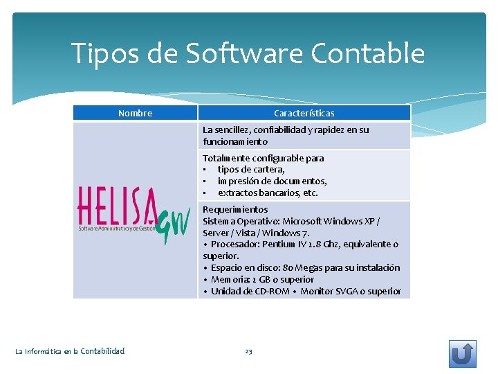 Tipos de Software Contable Nombre Características La sencillez, confiabilidad y rapidez en su funcionamiento