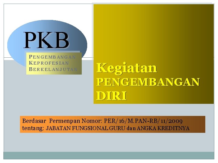 PKB PENGEMBANGAN KEPROFESIAN BERKELANJUTAN 16 Kegiatan PENGEMBANGAN DIRI Berdasar Permenpan Nomor: PER/16/M. PAN-RB/11/2009 tentang: