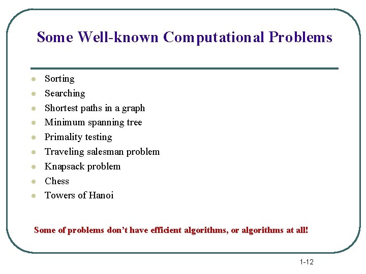 Some Well-known Computational Problems l l l l l Sorting Searching Shortest paths in