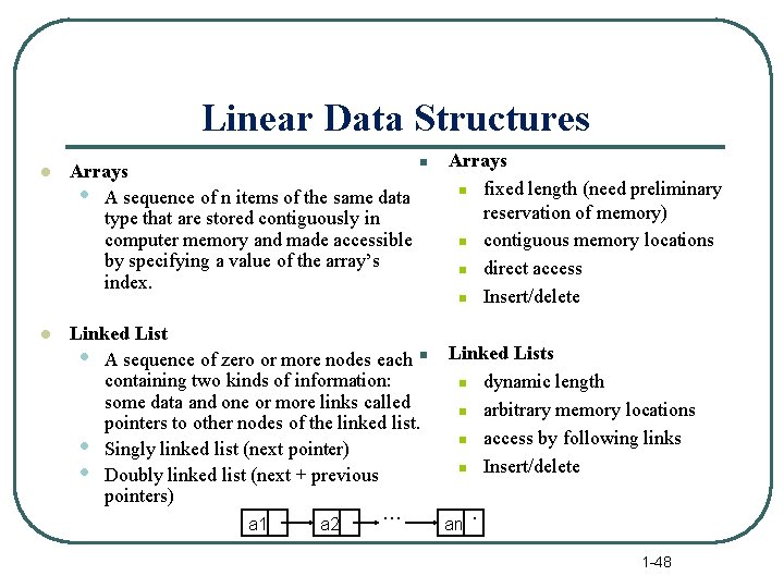 Linear Data Structures n l Arrays • A sequence of n items of the