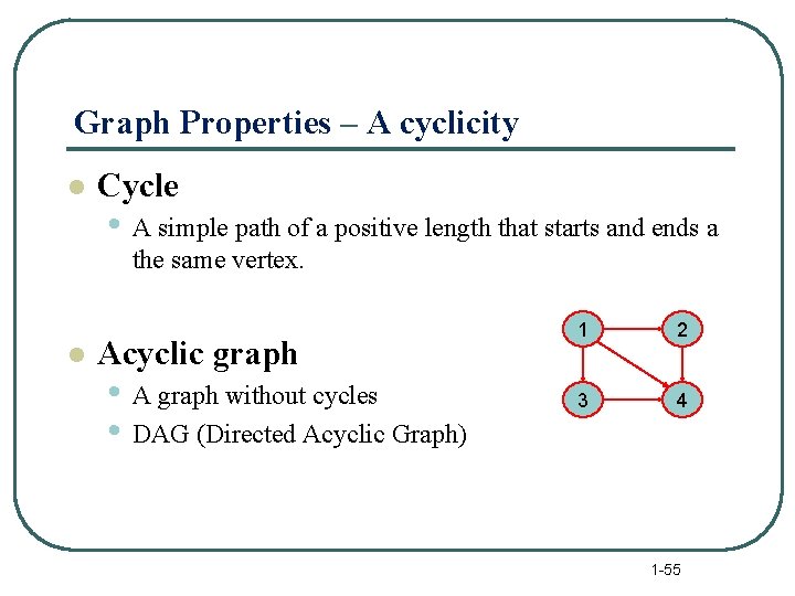 Graph Properties – A cyclicity l Cycle • A simple path of a positive