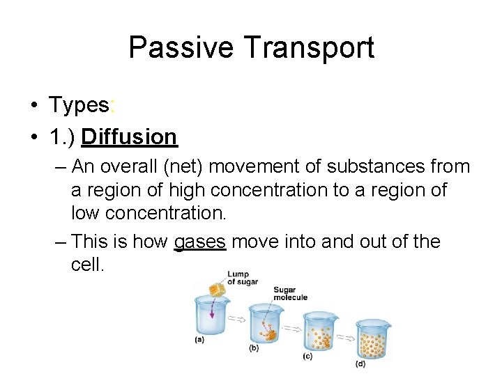 Passive Transport • Types: • 1. ) Diffusion – An overall (net) movement of