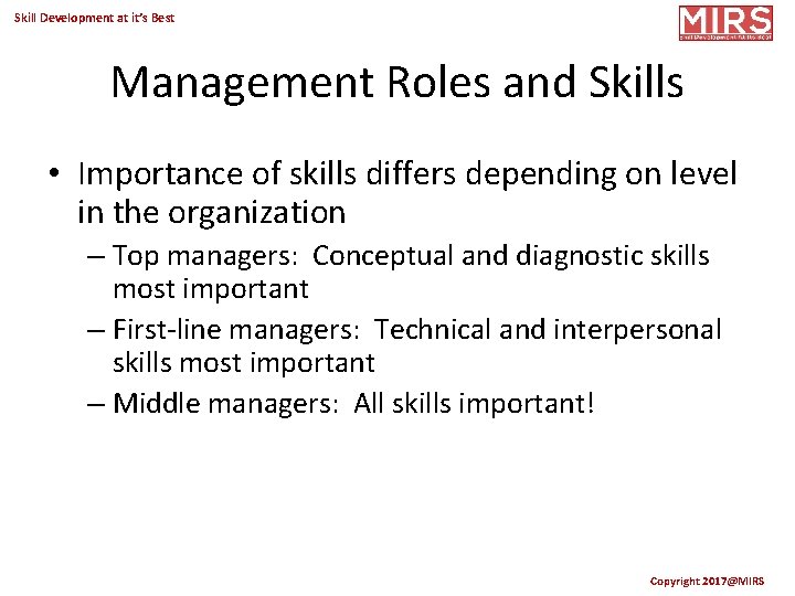 Skill Development at it’s Best Management Roles and Skills • Importance of skills differs