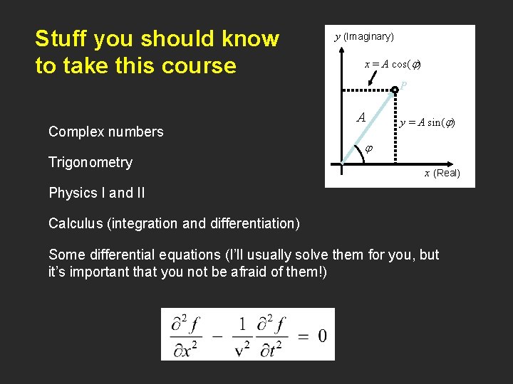 Stuff you should know to take this course y (Imaginary) x = A cos(j)