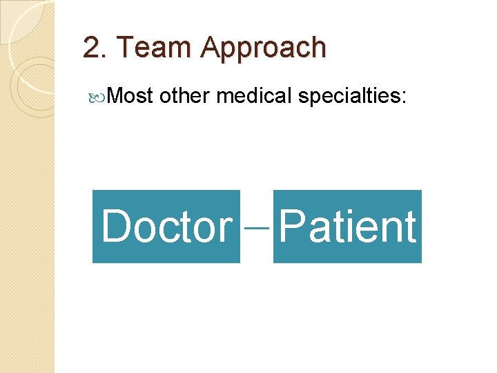 2. Team Approach Most other medical specialties: Doctor Patient 