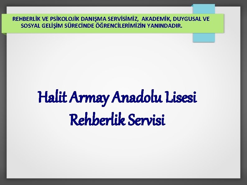 REHBERLİK VE PSİKOLOJİK DANIŞMA SERVİSİMİZ, AKADEMİK, DUYGUSAL VE SOSYAL GELİŞİM SÜRECİNDE ÖĞRENCİLERİMİZİN YANINDADIR. Halit