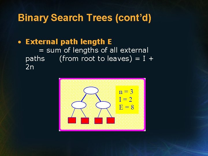 Binary Search Trees (cont’d) • External path length E = sum of lengths of