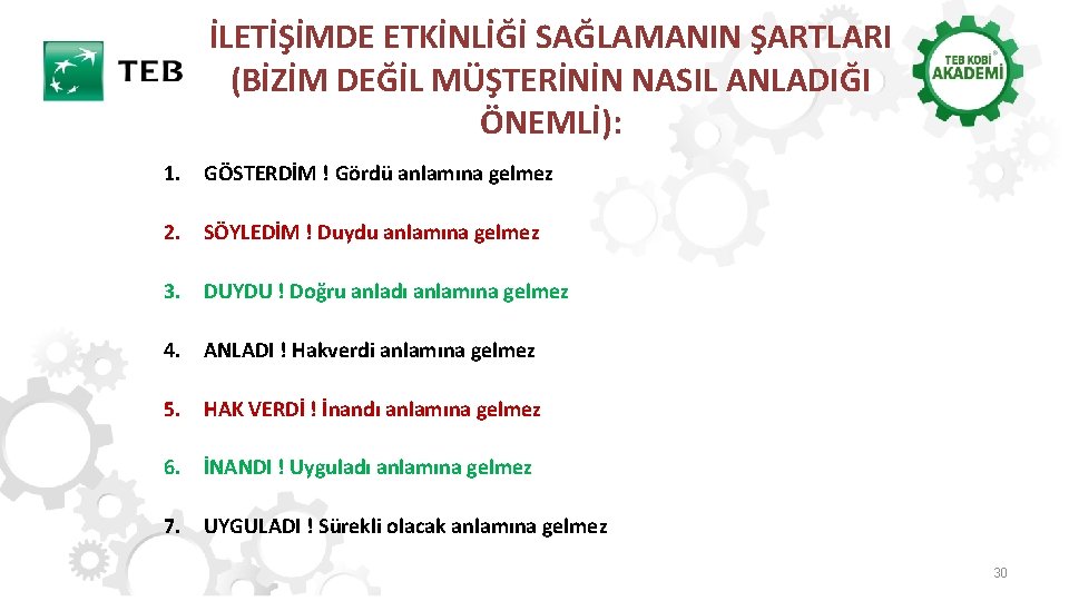 İLETİŞİMDE ETKİNLİĞİ SAĞLAMANIN ŞARTLARI (BİZİM DEĞİL MÜŞTERİNİN NASIL ANLADIĞI ÖNEMLİ): 1. GÖSTERDİM ! Gördü