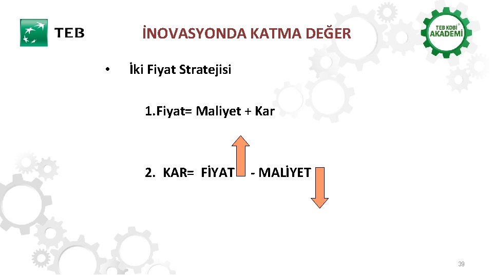 İNOVASYONDA KATMA DEĞER • İki Fiyat Stratejisi 1. Fiyat= Maliyet + Kar 2. KAR=