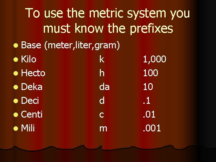 To use the metric system you must know the prefixes l Base (meter, liter,