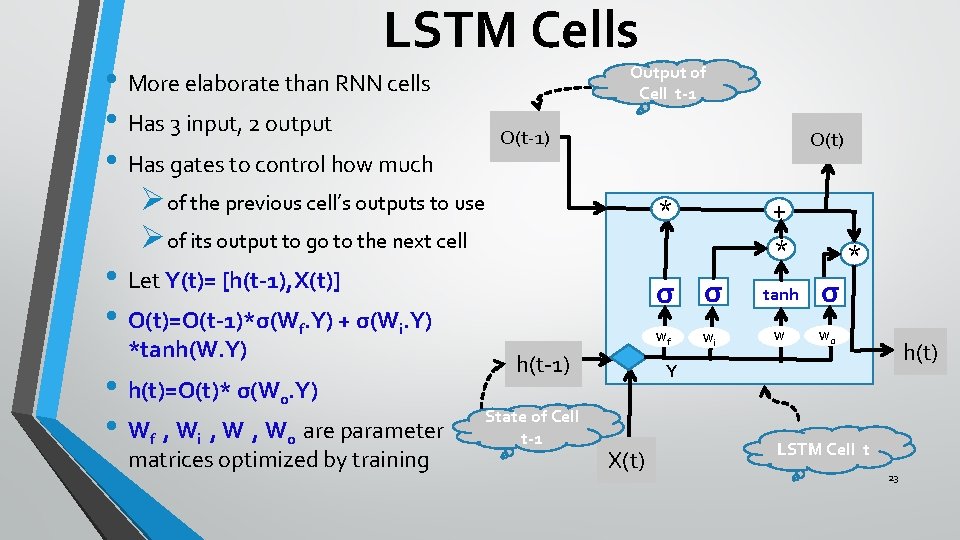 LSTM Cells • More elaborate than RNN cells • Has 3 input, 2 output