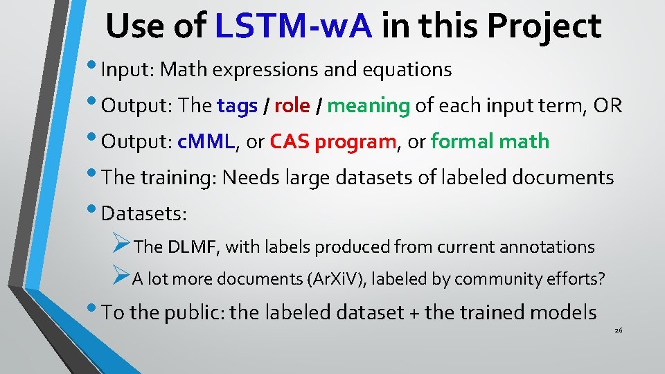 Use of LSTM-w. A in this Project • Input: Math expressions and equations •