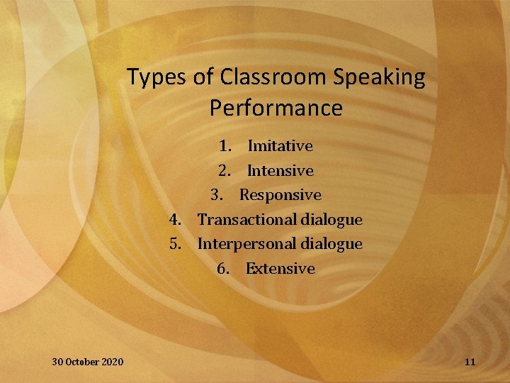 Types of Classroom Speaking Performance 1. Imitative 2. Intensive 3. Responsive 4. Transactional dialogue