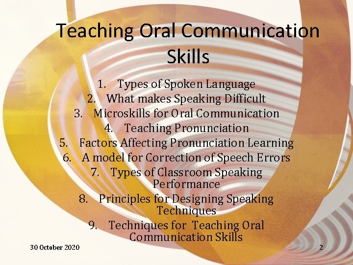 Teaching Oral Communication Skills 1. Types of Spoken Language 2. What makes Speaking Difficult