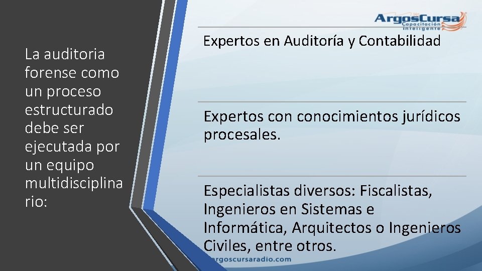 La auditoria forense como un proceso estructurado debe ser ejecutada por un equipo multidisciplina