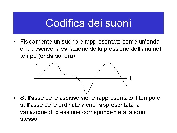 Codifica dei suoni • Fisicamente un suono è rappresentato come un’onda che descrive la