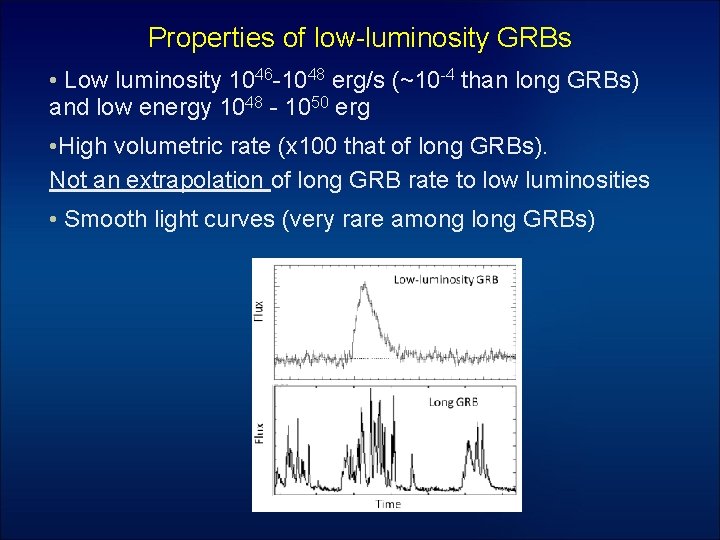 Properties of low-luminosity GRBs • Low luminosity 1046 -1048 erg/s (~10 -4 than long