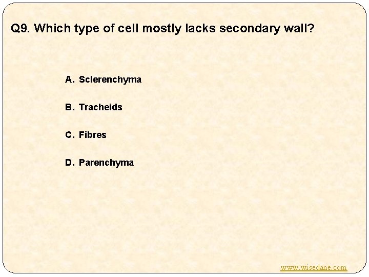 Q 9. Which type of cell mostly lacks secondary wall? A. Sclerenchyma B. Tracheids