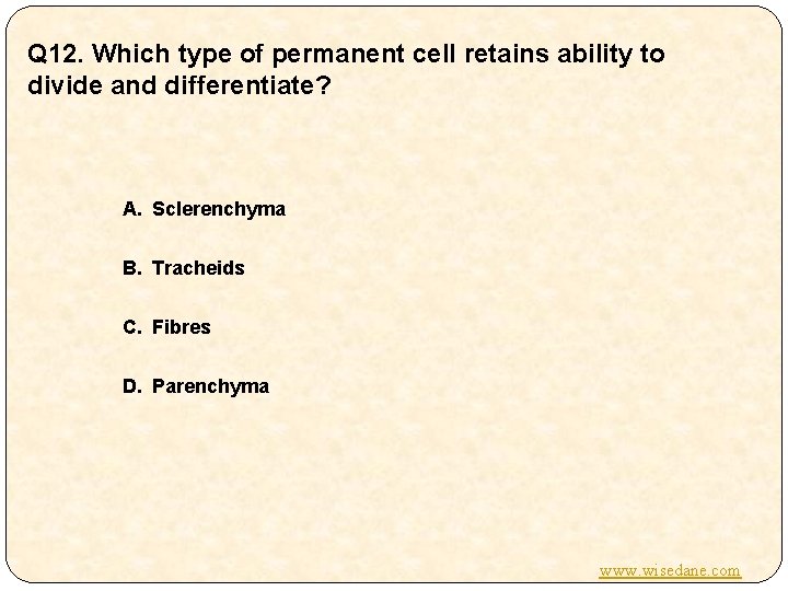 Q 12. Which type of permanent cell retains ability to divide and differentiate? A.