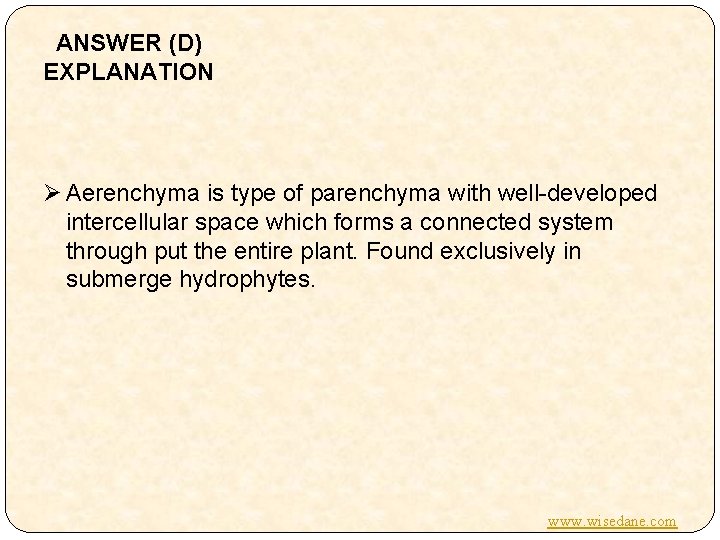 ANSWER (D) EXPLANATION Ø Aerenchyma is type of parenchyma with well-developed intercellular space which