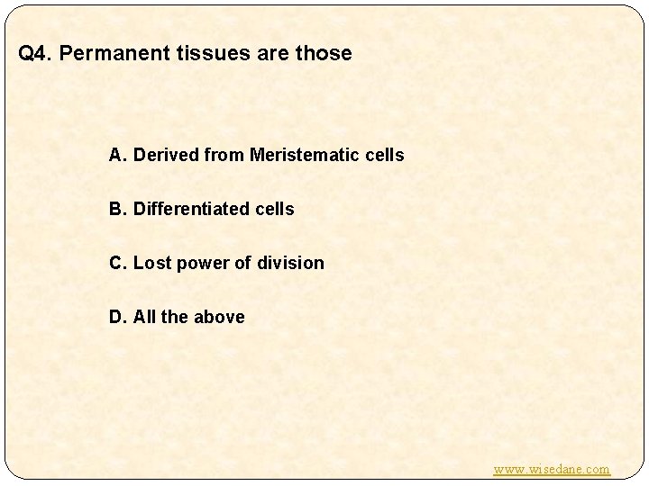 Q 4. Permanent tissues are those A. Derived from Meristematic cells B. Differentiated cells