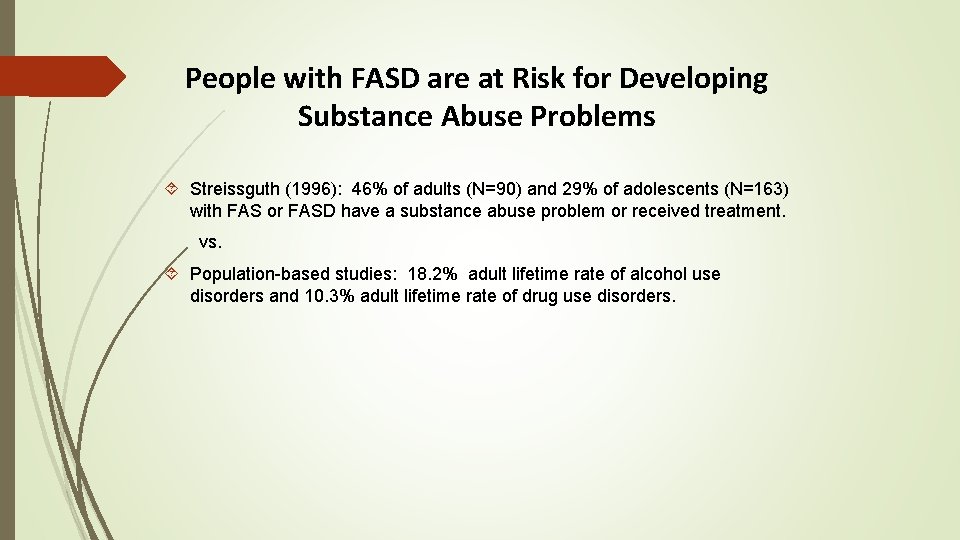 People with FASD are at Risk for Developing Substance Abuse Problems Streissguth (1996): 46%