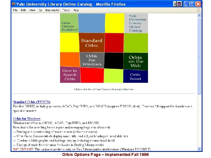 Orbis Options Page – Implemented Fall 1996 
