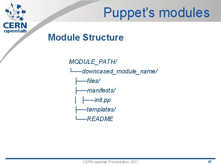 Puppet's modules Module Structure MODULE_PATH/ └──downcased_module_name/ ├──files/ ├──manifests/ │ ├──init. pp ├──templates/ └──README CERN