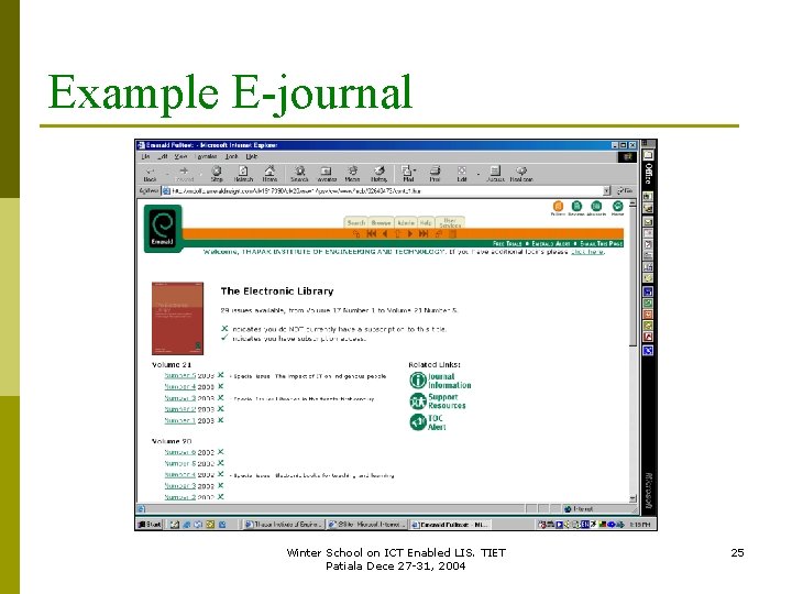 Example E-journal Winter School on ICT Enabled LIS. TIET Patiala Dece 27 -31, 2004