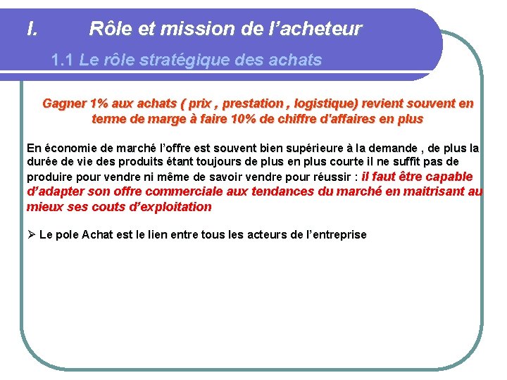 I. Rôle et mission de l’acheteur 1. 1 Le rôle stratégique des achats Gagner