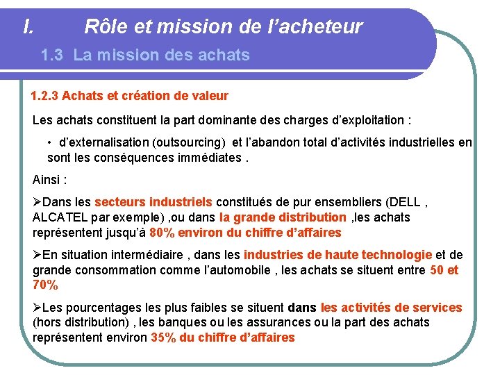 I. Rôle et mission de l’acheteur 1. 3 La mission des achats 1. 2.