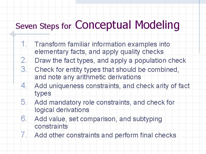 Seven Steps for Conceptual Modeling 1. Transform familiar information examples into 2. 3. 4.