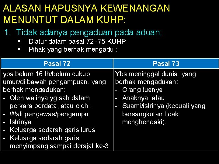 ALASAN HAPUSNYA KEWENANGAN MENUNTUT DALAM KUHP: 1. Tidak adanya pengaduan pada aduan: § §