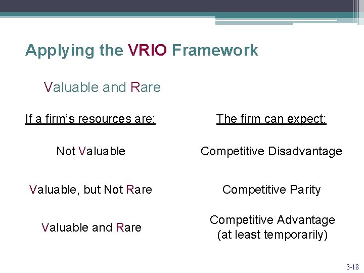 Applying the VRIO Framework Valuable and Rare If a firm’s resources are: The firm