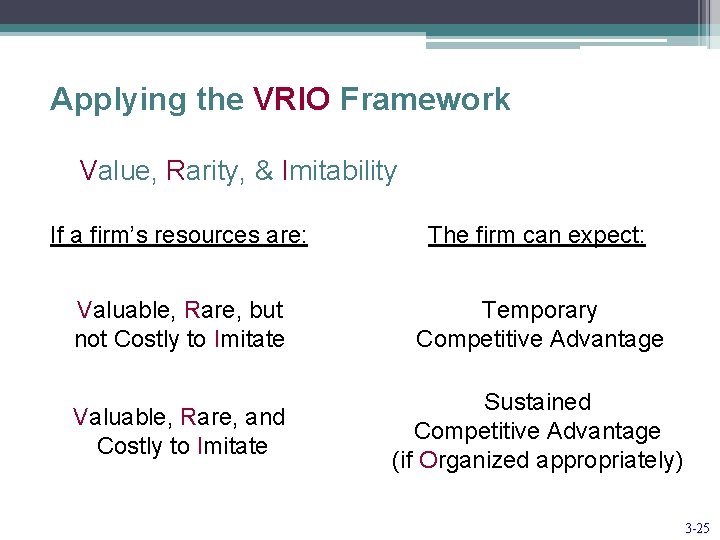 Applying the VRIO Framework Value, Rarity, & Imitability If a firm’s resources are: The