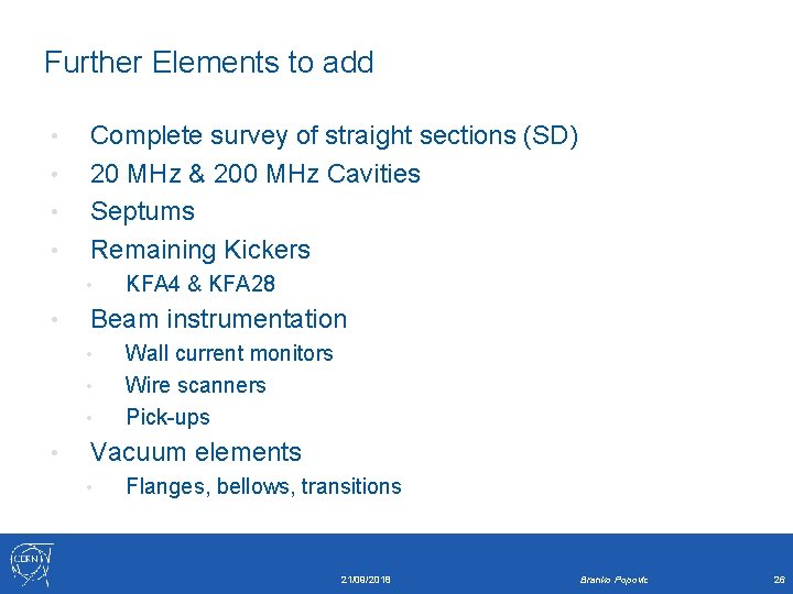 Further Elements to add • • Complete survey of straight sections (SD) 20 MHz