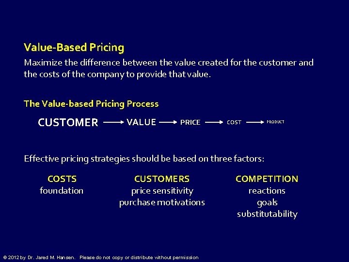 Value-Based Pricing Maximize the difference between the value created for the customer and the