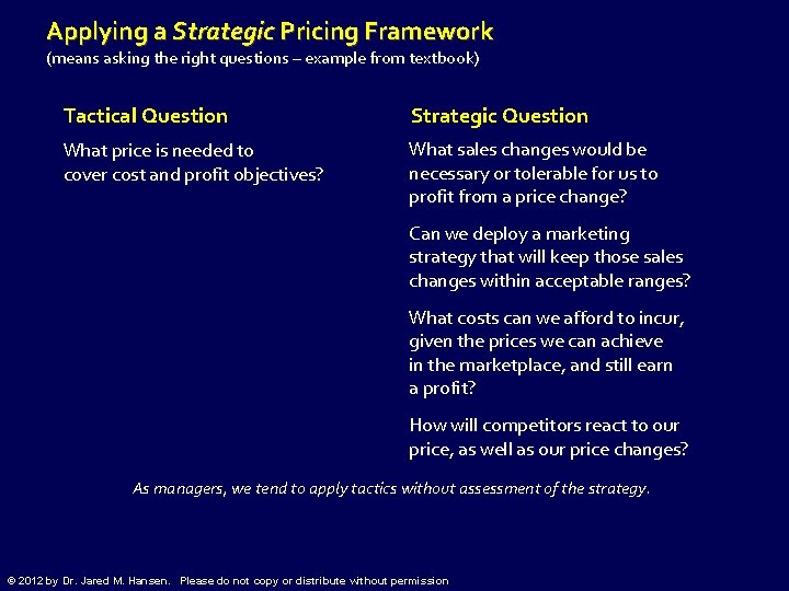 Applying a Strategic Pricing Framework (means asking the right questions – example from textbook)