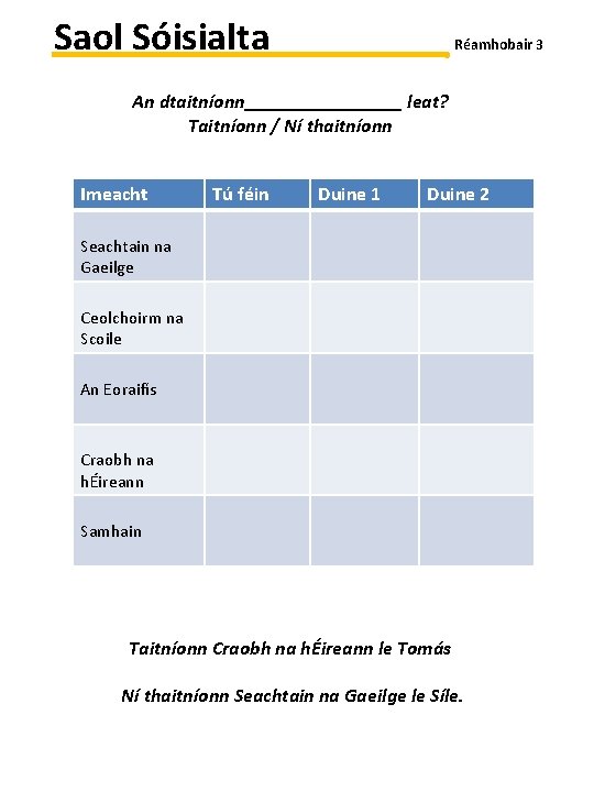 Saol Sóisialta Réamhobair 3 An dtaitníonn________ leat? Taitníonn / Ní thaitníonn Imeacht Tú féin