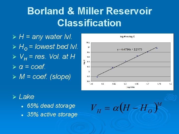 Borland & Miller Reservoir Classification H = any water lvl. Ø HO = lowest