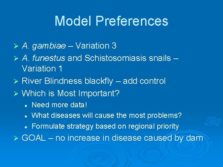 Model Preferences A. gambiae – Variation 3 Ø A. funestus and Schistosomiasis snails –