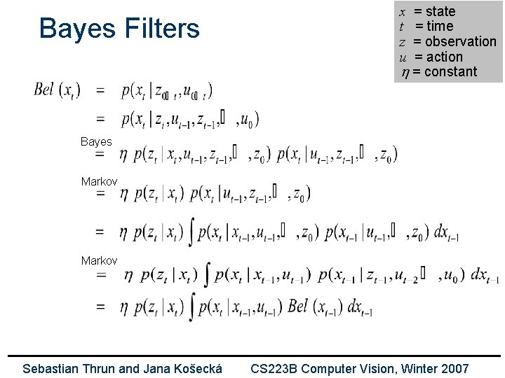 Bayes Filters = state = time = observation = action h = constant x