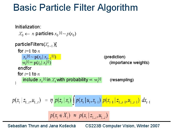 Basic Particle Filter Algorithm Initialization: X 0 n particles x 0 [i] ~ p(x